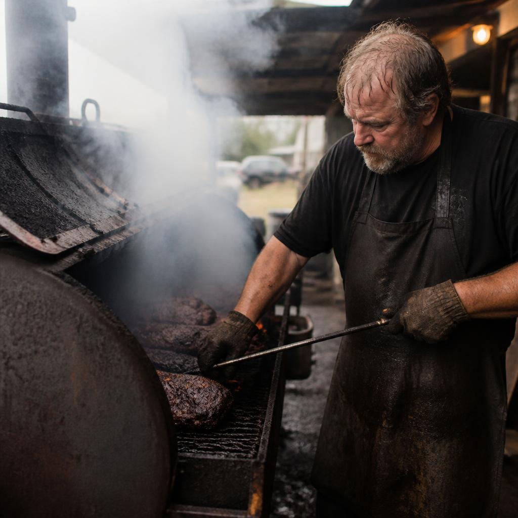 Pitmaster tending the hickory smoker